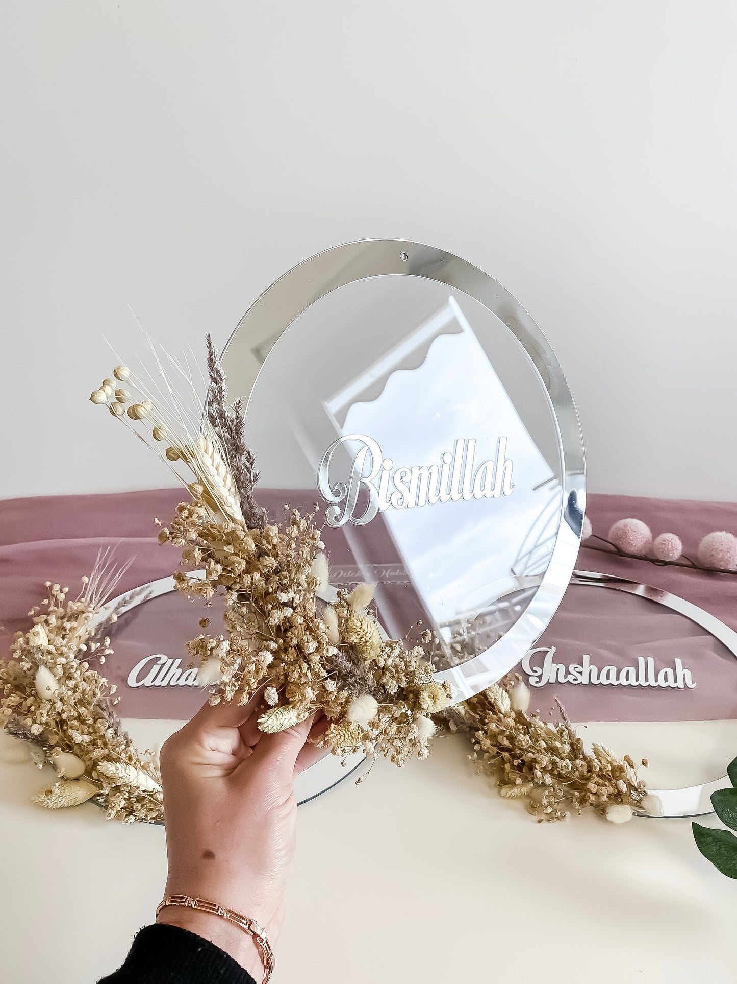 Dua 3'er Set Wand-Deko - Inshaallah, Bismillah, Alhamdulillah - Ring mit Blumen
